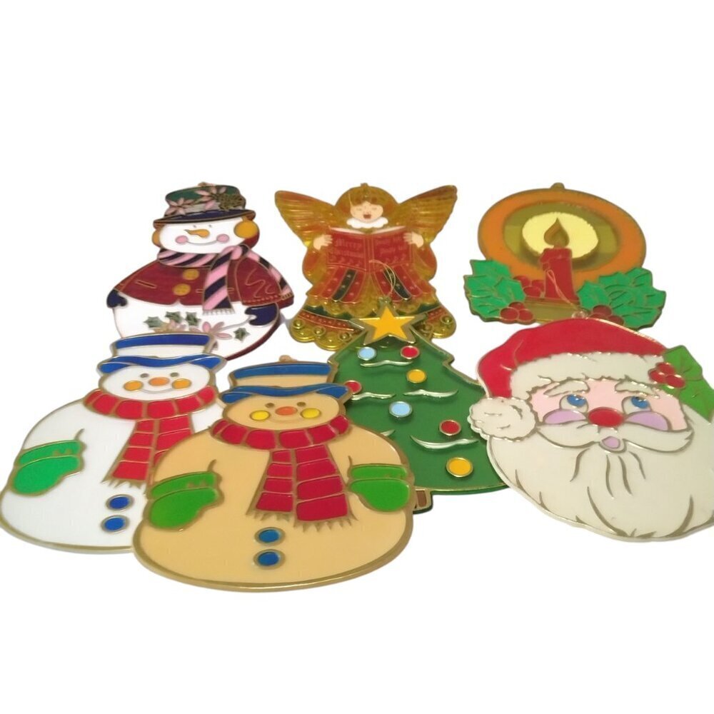 VINTAGE STAINED GLASS PLASTIC SUNCATCHERS CHRISTMAS SANTA SNOWMAN LOT CB3